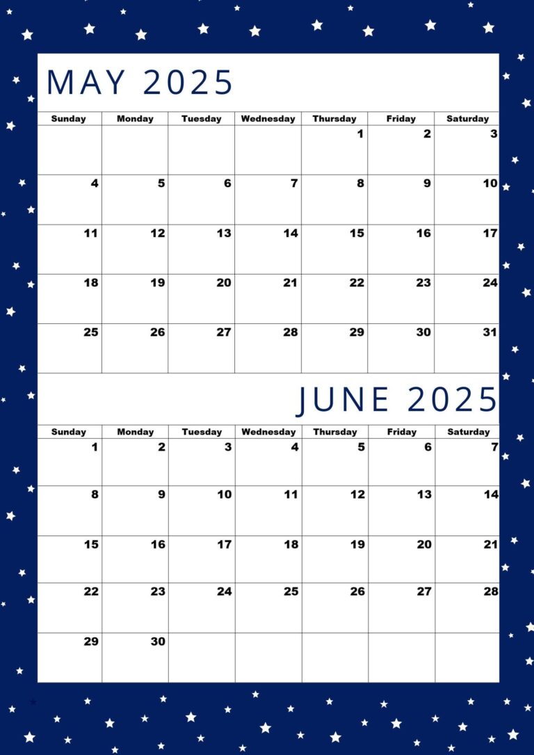Premium Bi Monthly Calendar Printable For May 2025 And June 2025 