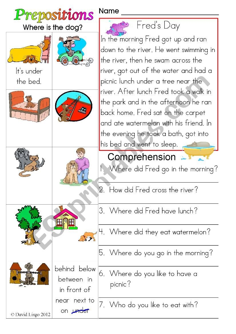 Prepositions Fred s Day In Colour And Grayscale ESL Worksheet By David Lisgo