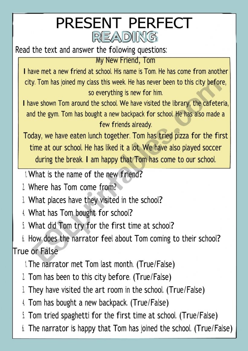 Present Perfect Reading ESL Worksheet By Demeter2023