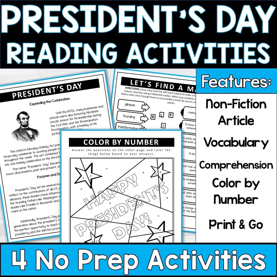 Presidents Day Reading Comprehension Worksheets