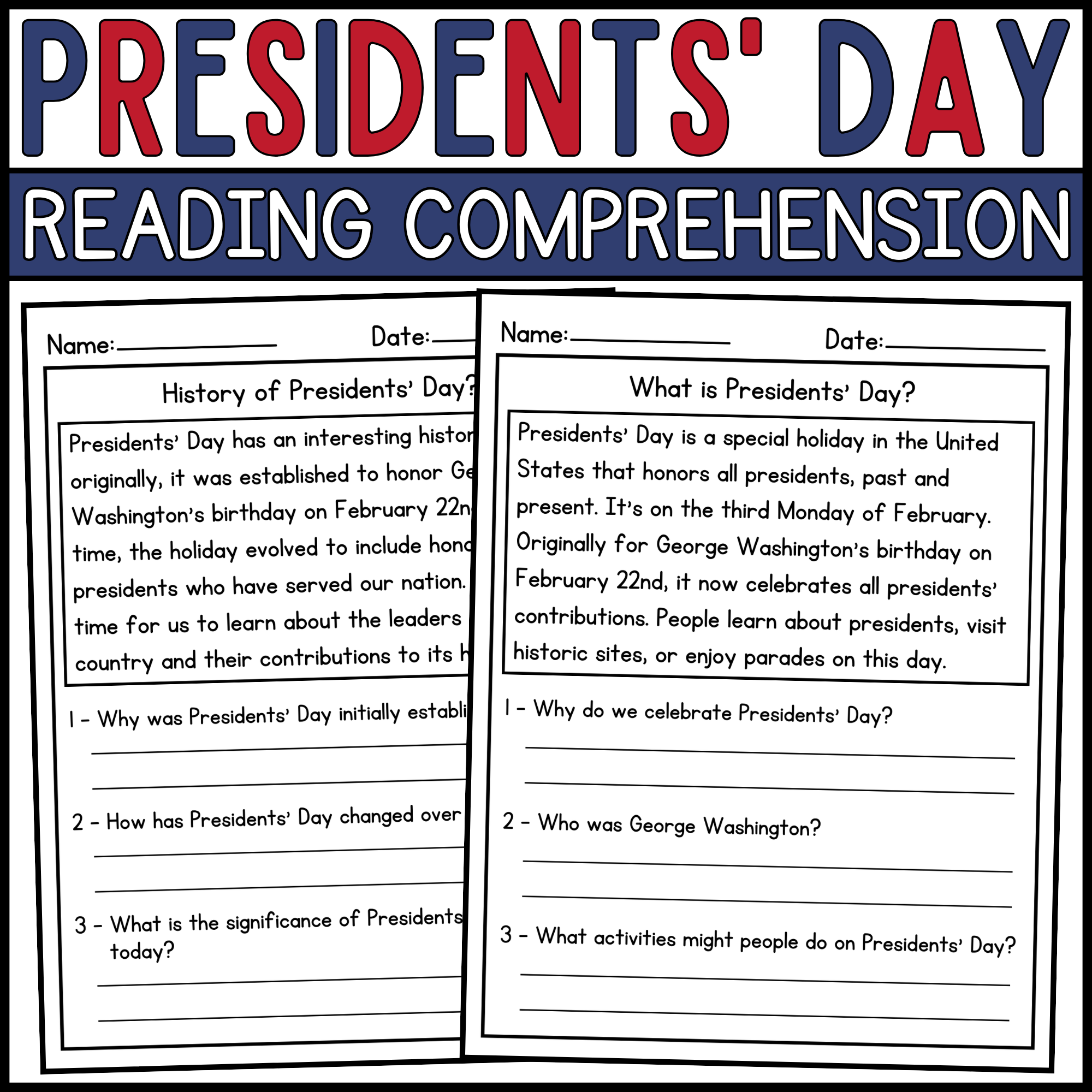 Presidents Day Reading Comprehension Passages And Questions Presidents Day Reading Passages Made By Teachers