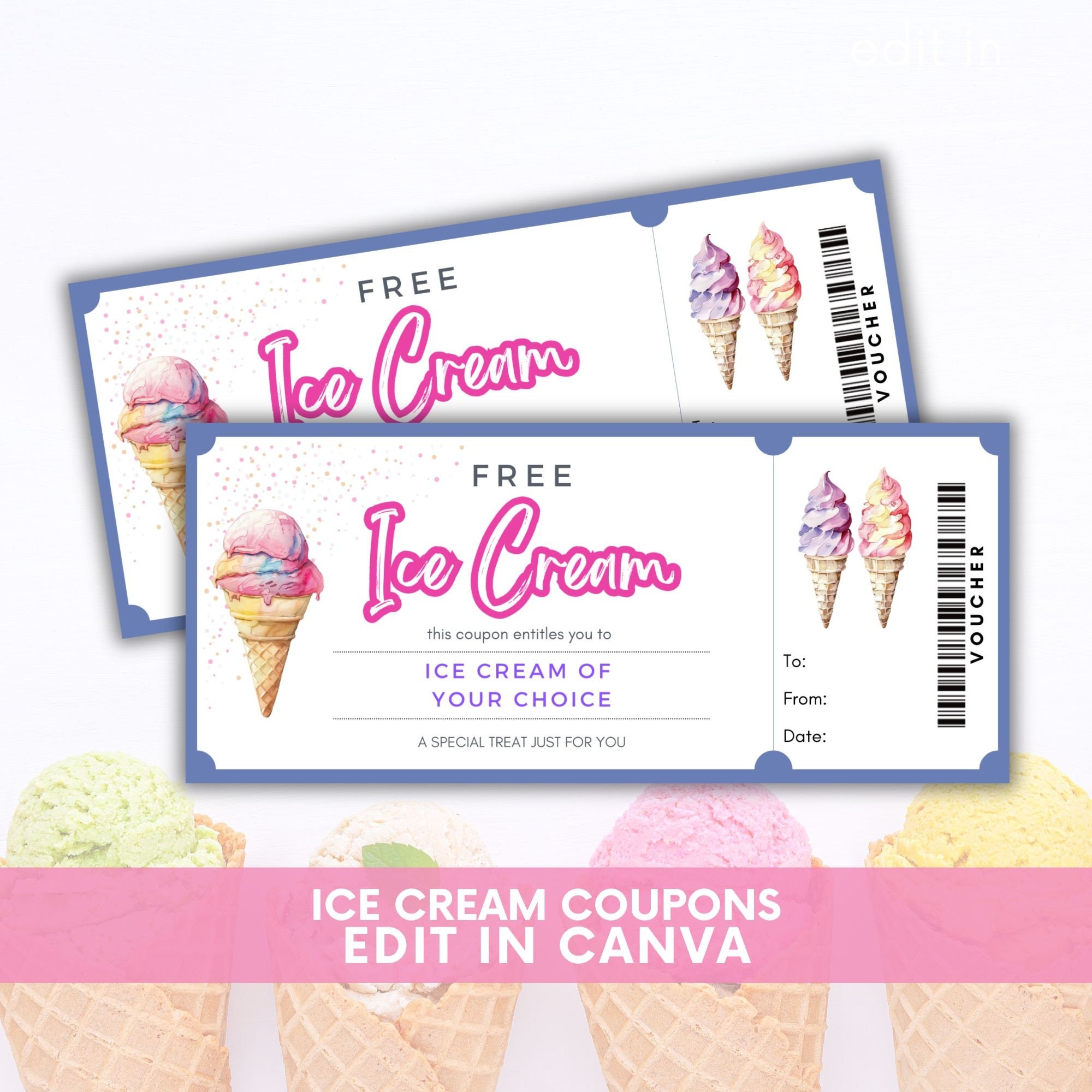 Printable Ice Cream Coupons Ice Cream Voucher Ice Cream Birthday Ice Cream Party Editable Coupon Etsy