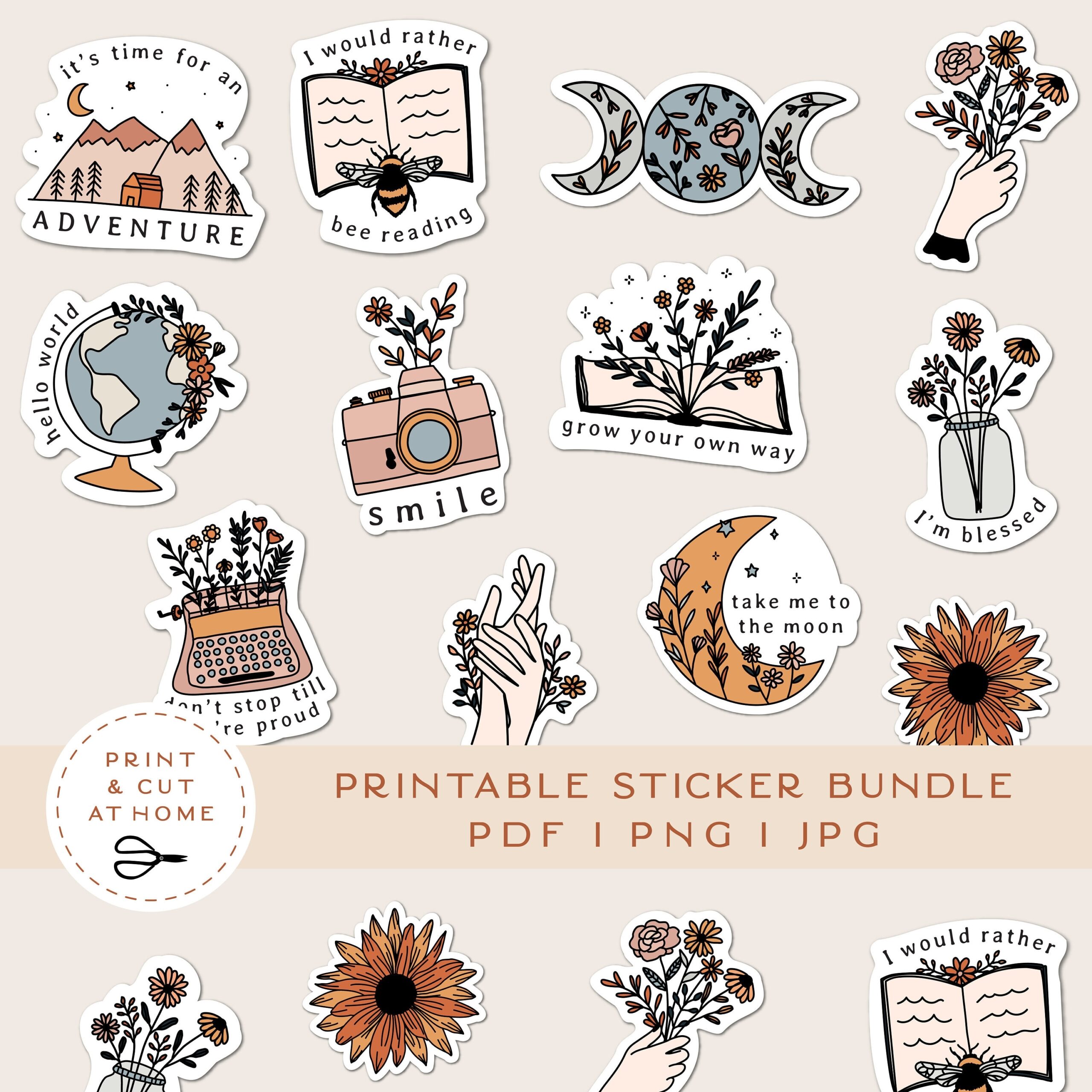 Printable Stickers Bundle Floral Vinyl Sticker Laptop Decal Moon Book Star Clipart Botanical Cricut PNG Stickers Print U0026 Cut Sticker Etsy New Zealand