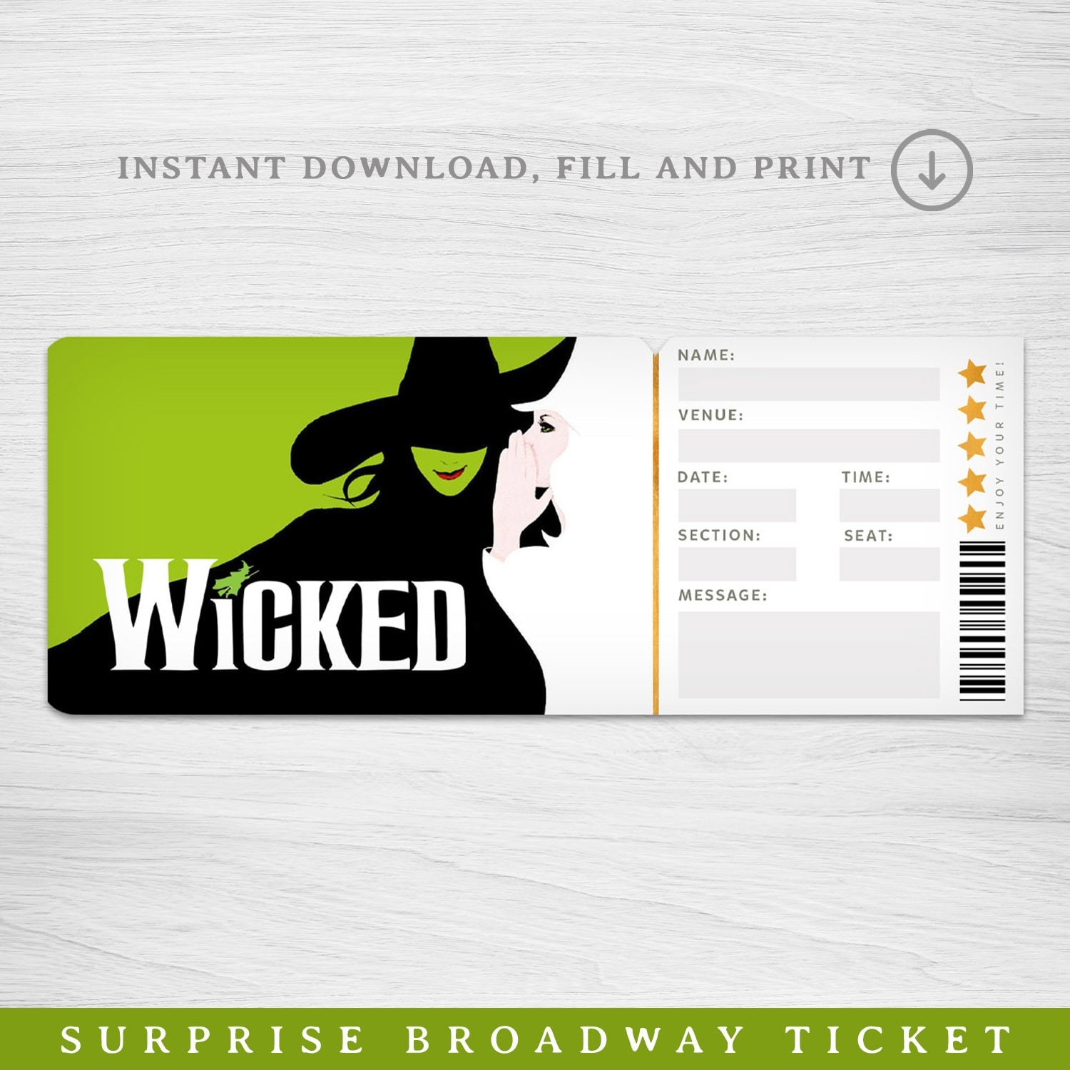 Printable Wicked Broadway Surprise Ticket Wicked Musical 