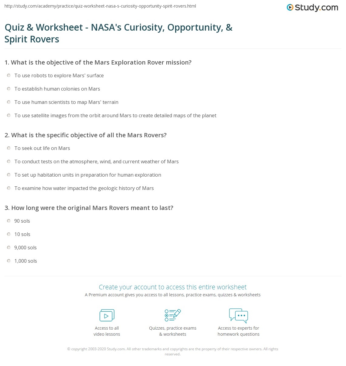 Quiz U0026 Worksheet NASA s Curiosity Opportunity U0026 Spirit Rovers Study