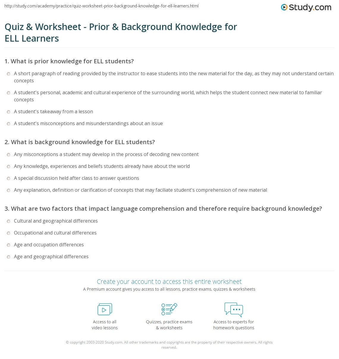 Quiz U0026 Worksheet Prior U0026 Background Knowledge For ELL Learners Study