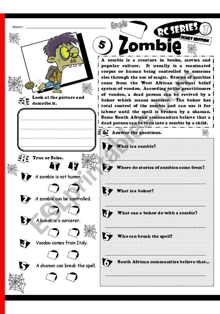 RC Series Level 1 Scary Edition 05 Zombie Fully Editable Key ESL Worksheet By Melahel7