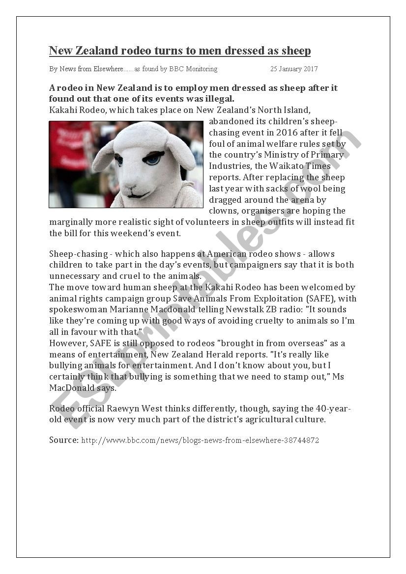 Reading Comprehension 2 Stories About NZ Animals ESL Worksheet By FrauSue