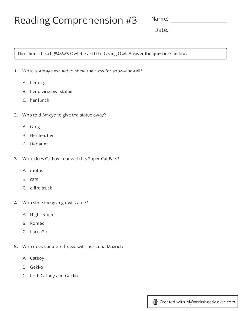 Reading Comprehension Worksheet Maker