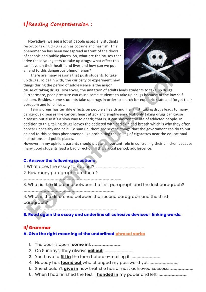 Reading Comprehension about Drugs Language And Writing Activity 
