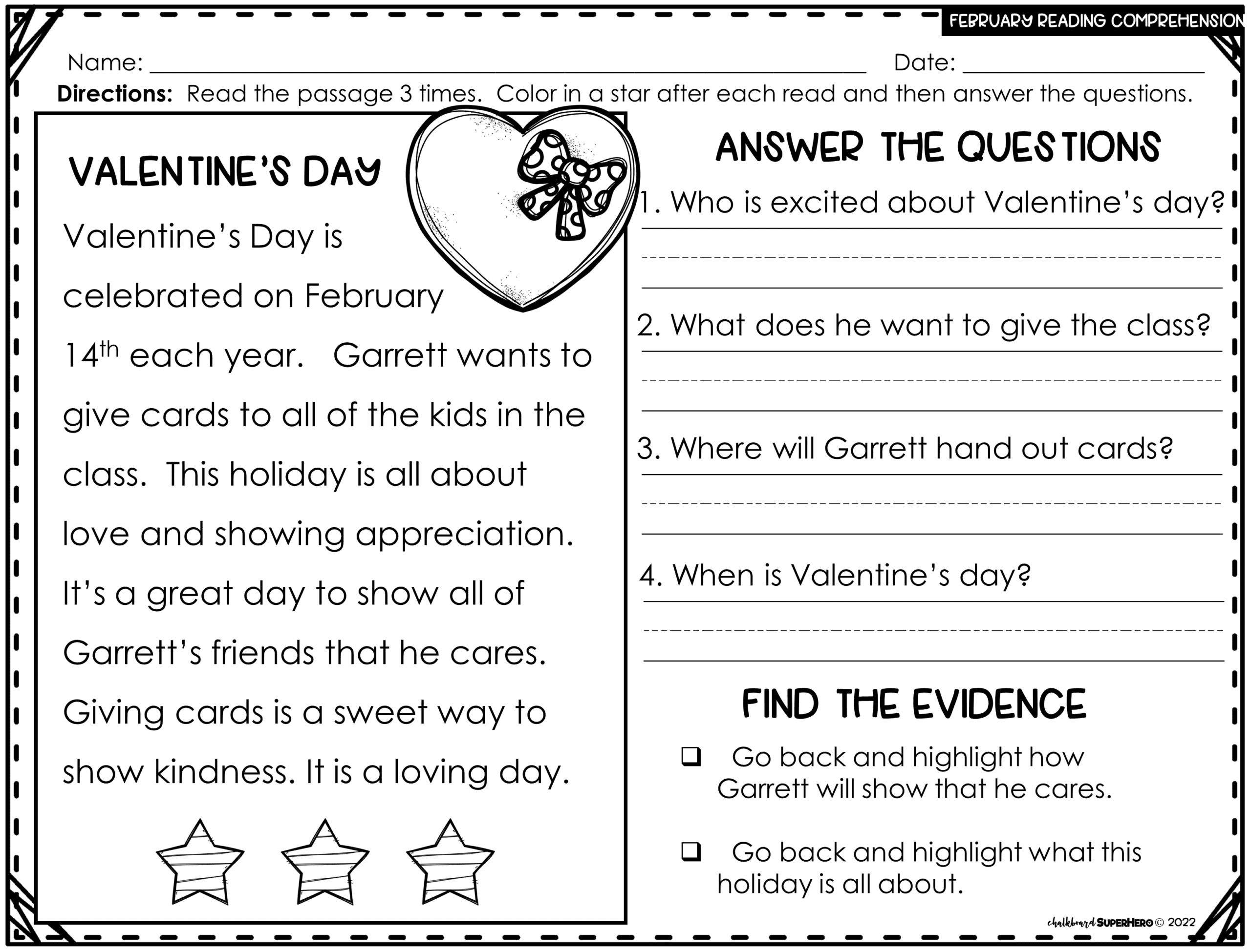 Reading Comprehension Answering WH Questions FEBRUARY 3 LEVELS Chalkboard Superhero