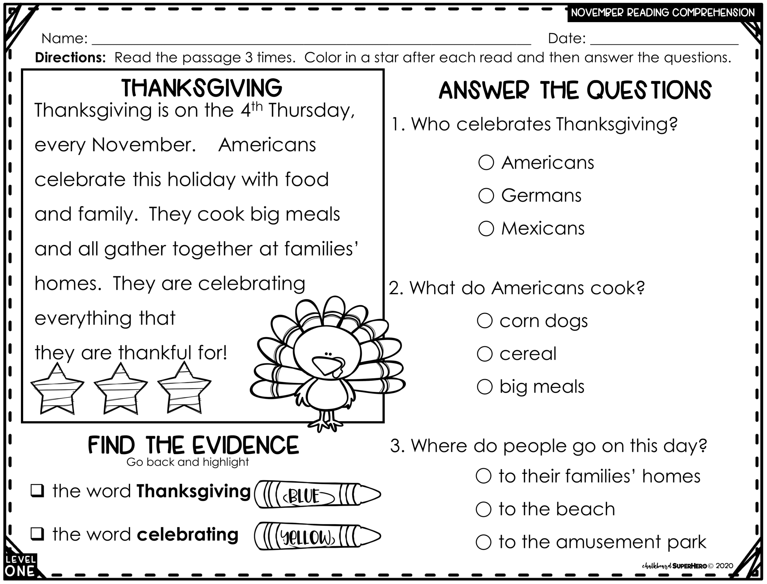 Reading Comprehension Answering WH Questions NOVEMBER 3 Levels Chalkboard Superhero