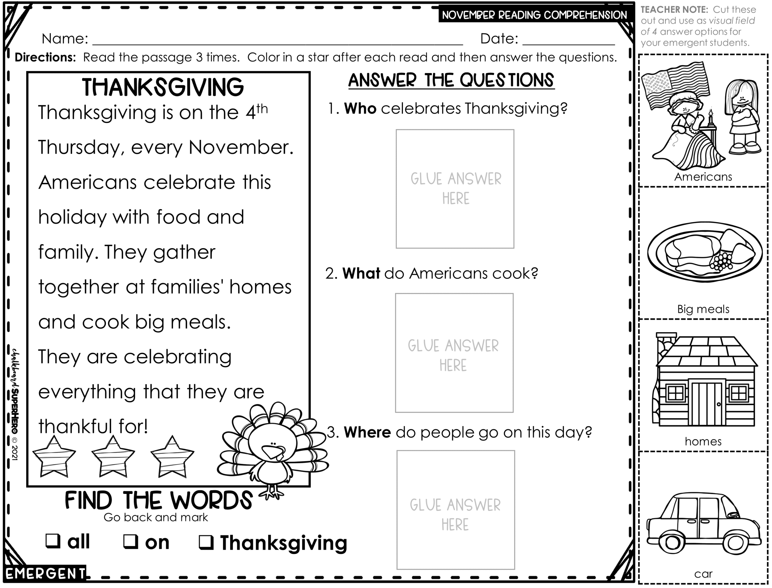 Reading Comprehension Answering WH Questions NOVEMBER 3 Levels Chalkboard Superhero