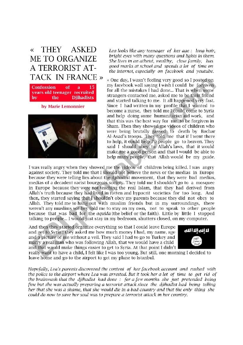 Reading Comprehension B1 B2 Djihad Teen ESL Worksheet By Malaval