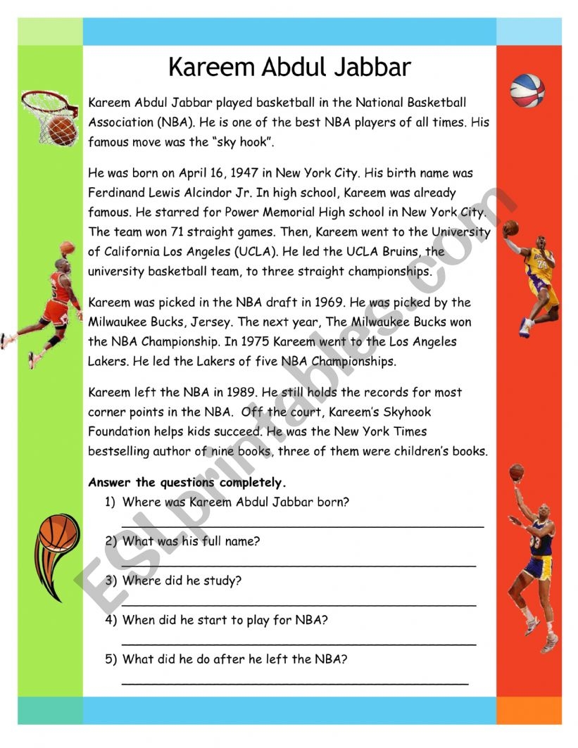 Reading Comprehension Basketball Player ESL Worksheet By Vebvibes