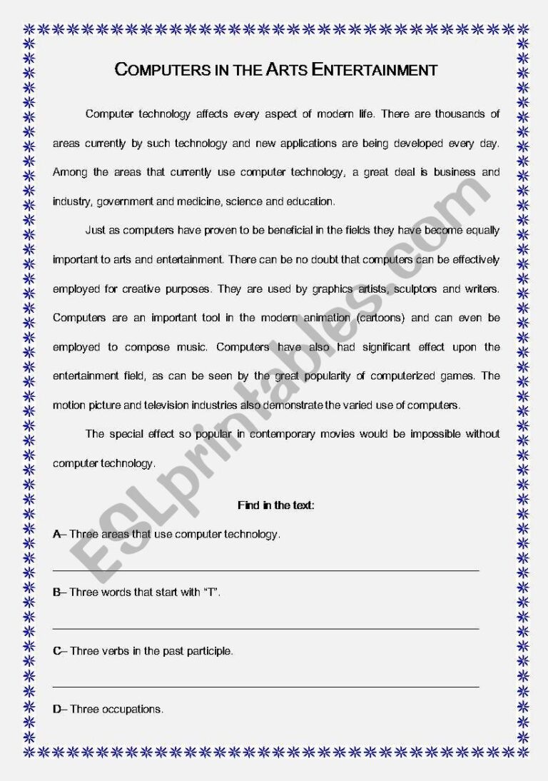 Reading Comprehension Computers In The Art Entertainment ESL 