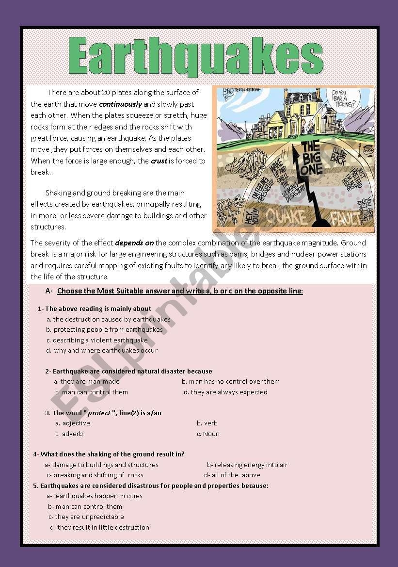 Reading Comprehension Earthquakes ESL Worksheet By Aaisha86