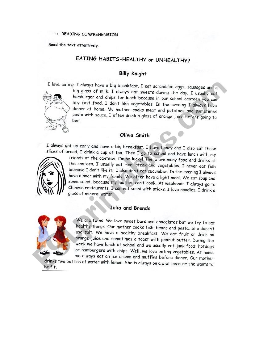 Healthy Habits Reading Comprehension Worksheets