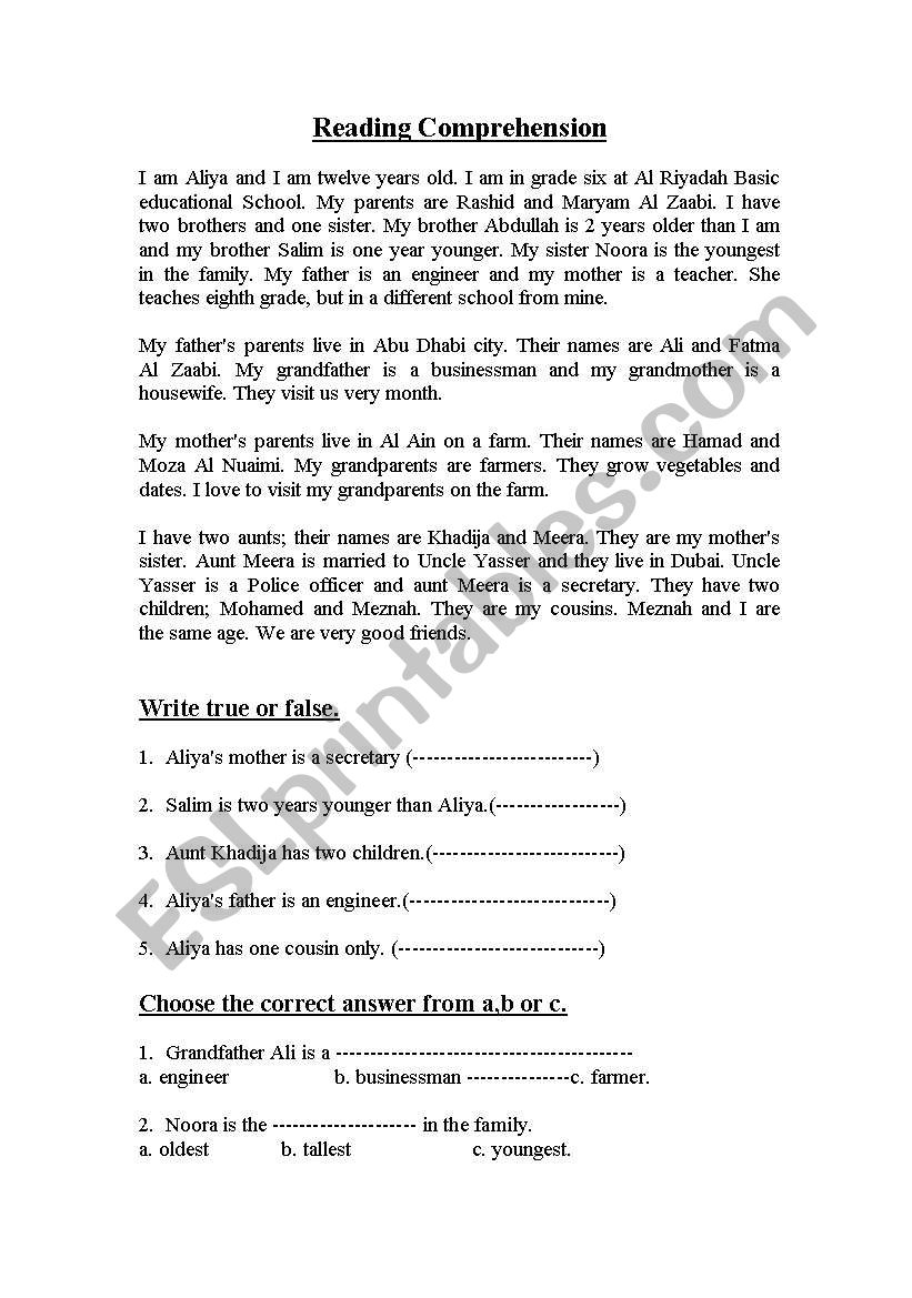 Reading Comprehension ESL Worksheet By Mohammed95