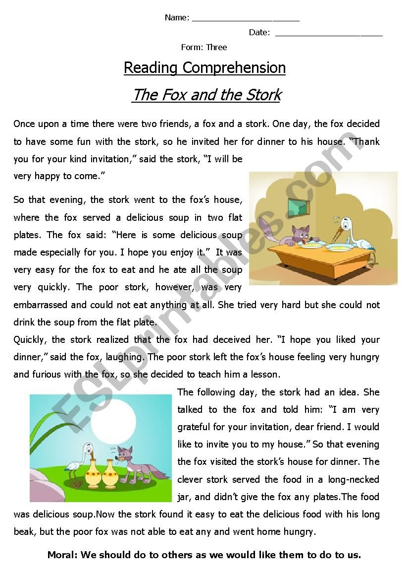 Reading Comprehension Fable The Fox And The Stork ESL Worksheet By Eldaowdy