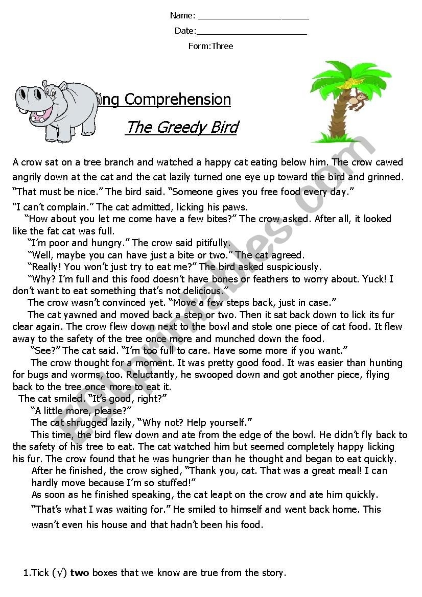 Reading Comprehension Fable The Greedy Bird ESL Worksheet By 