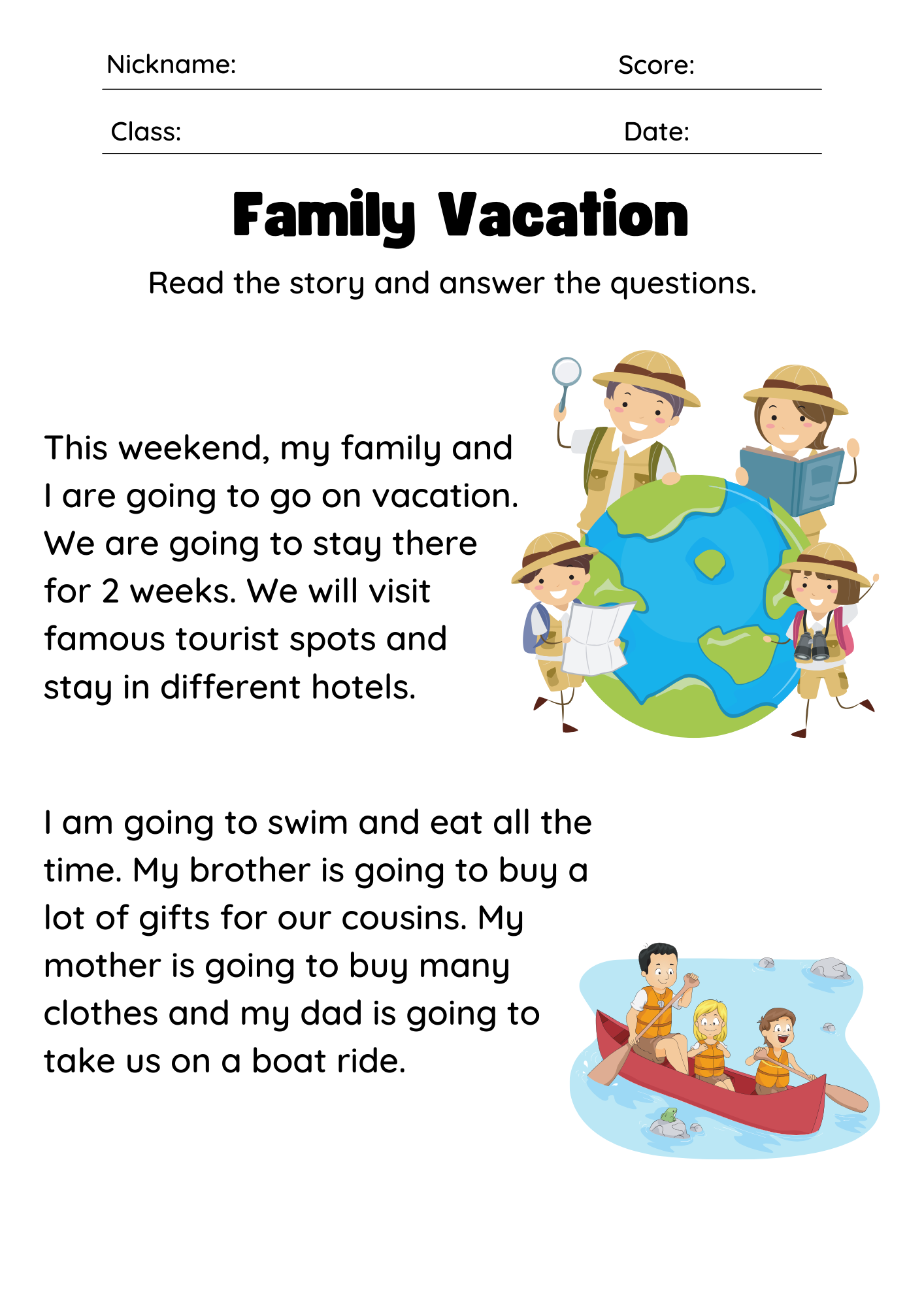 Summer Holiday Reading Comprehension Worksheets