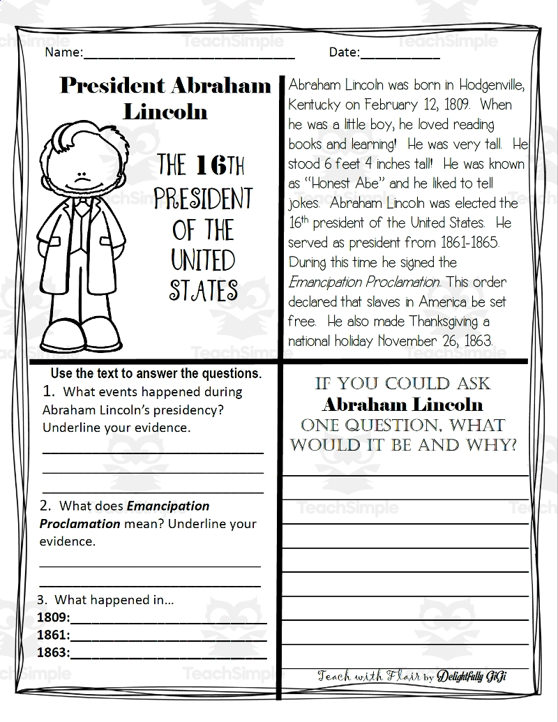 Reading Comprehension For Presidents Day President Abraham Lincoln