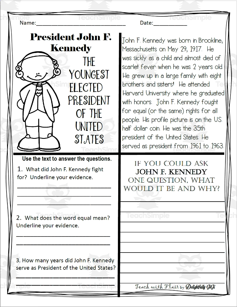 Reading Comprehension For Presidents Day President John F Kennedy