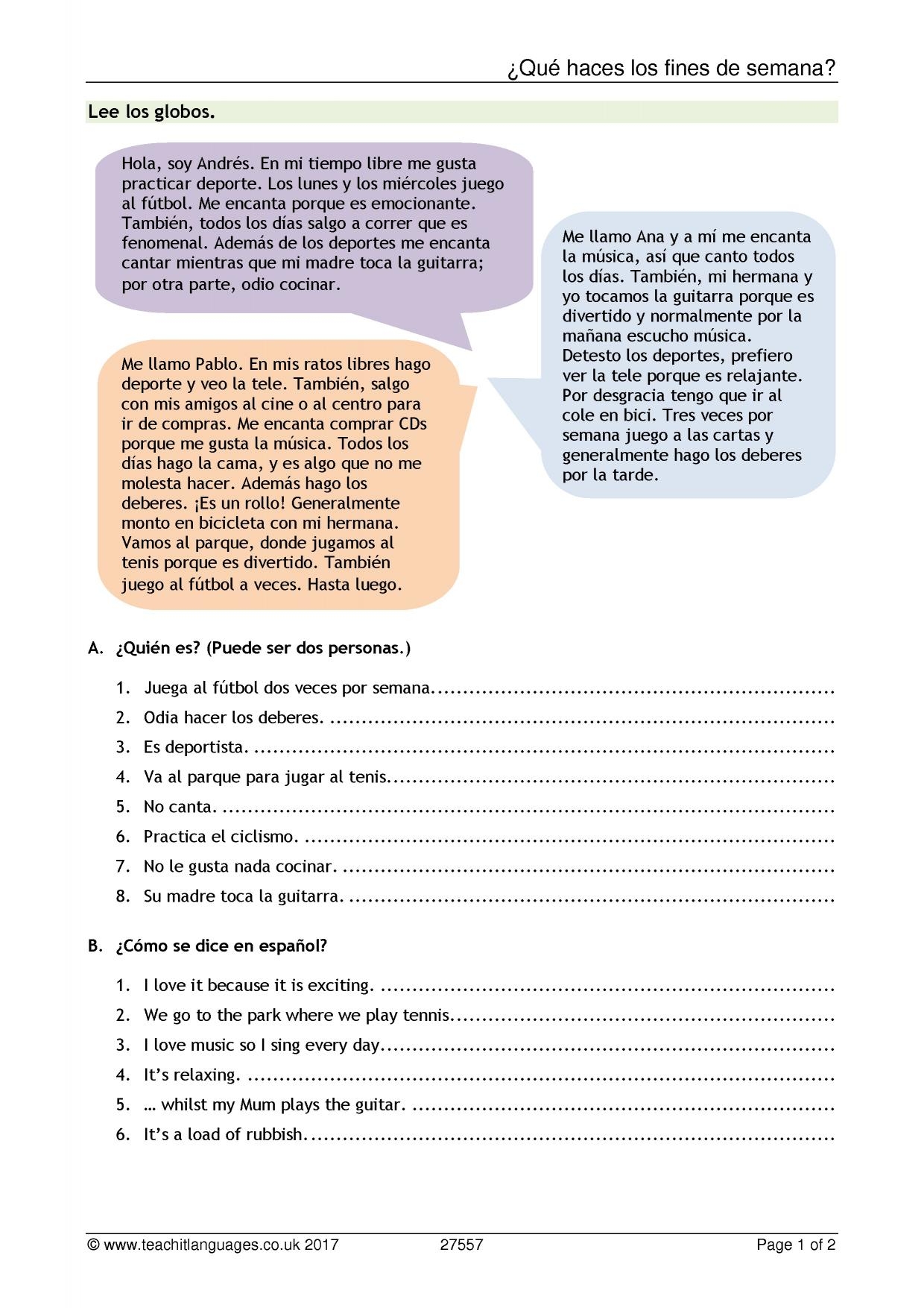 Spanish Reading Comprehension Worksheet Pdf