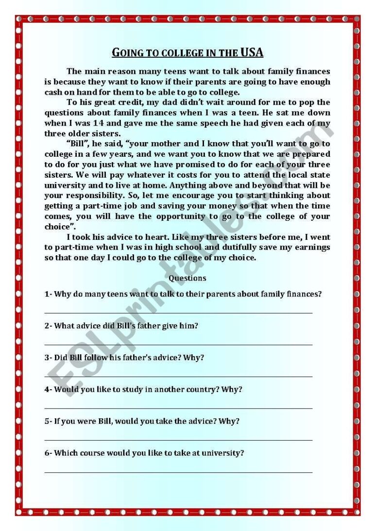 Reading Comprehension Going To College In The USA ESL Worksheets Library