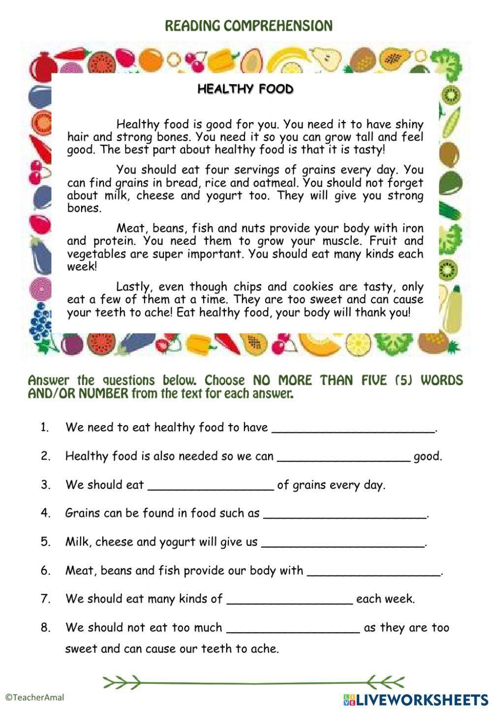 Reading Comprehension Healthy Food Worksheet Live Worksheets Worksheets Library