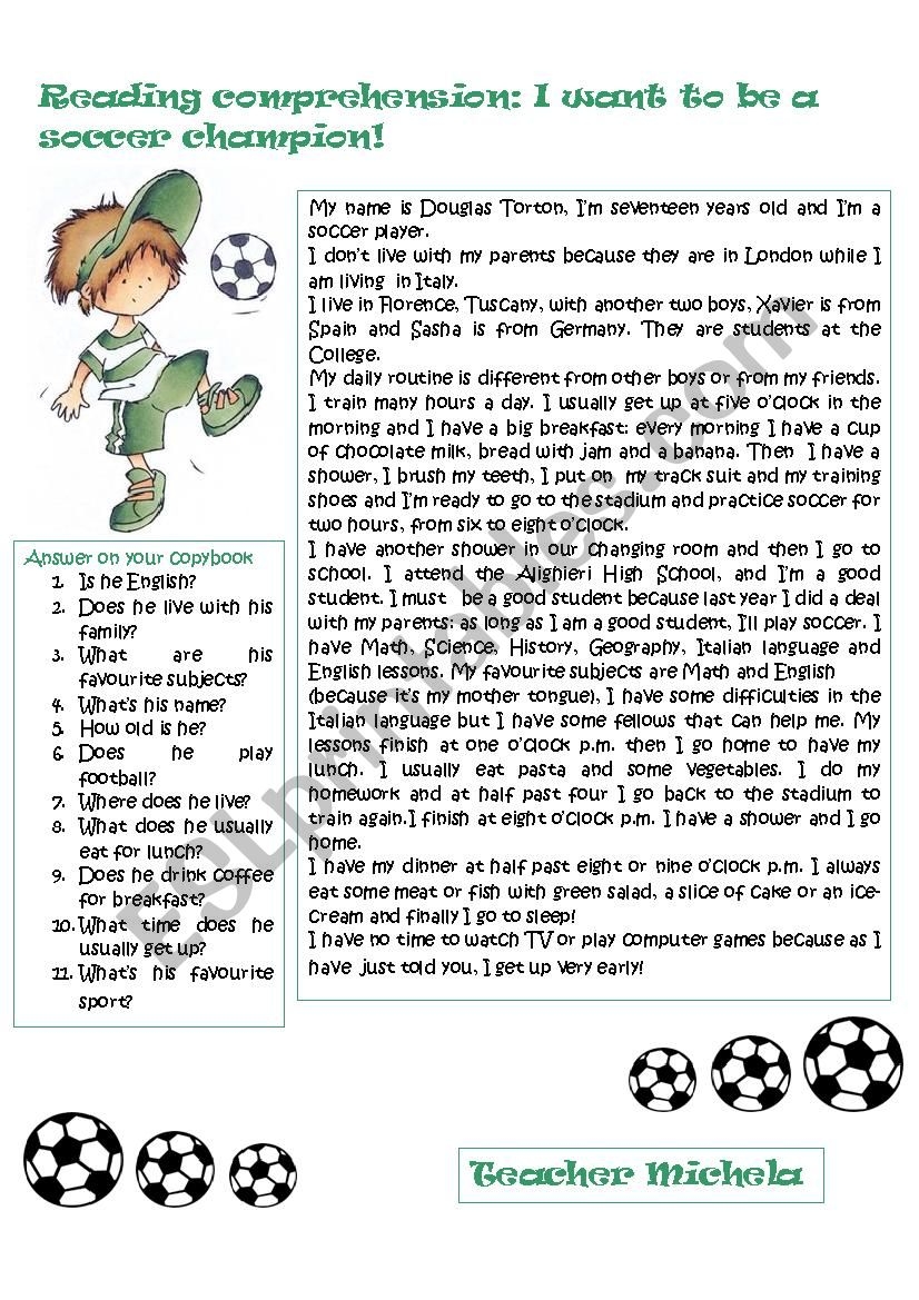 Reading Comprehension I Want To Be A Soccer Champion ESL Worksheet By Rimiri