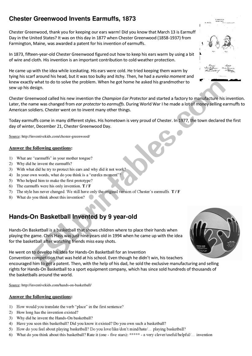 Reading Comprehension Inventions By Kids ESL Worksheet By Yallarecool