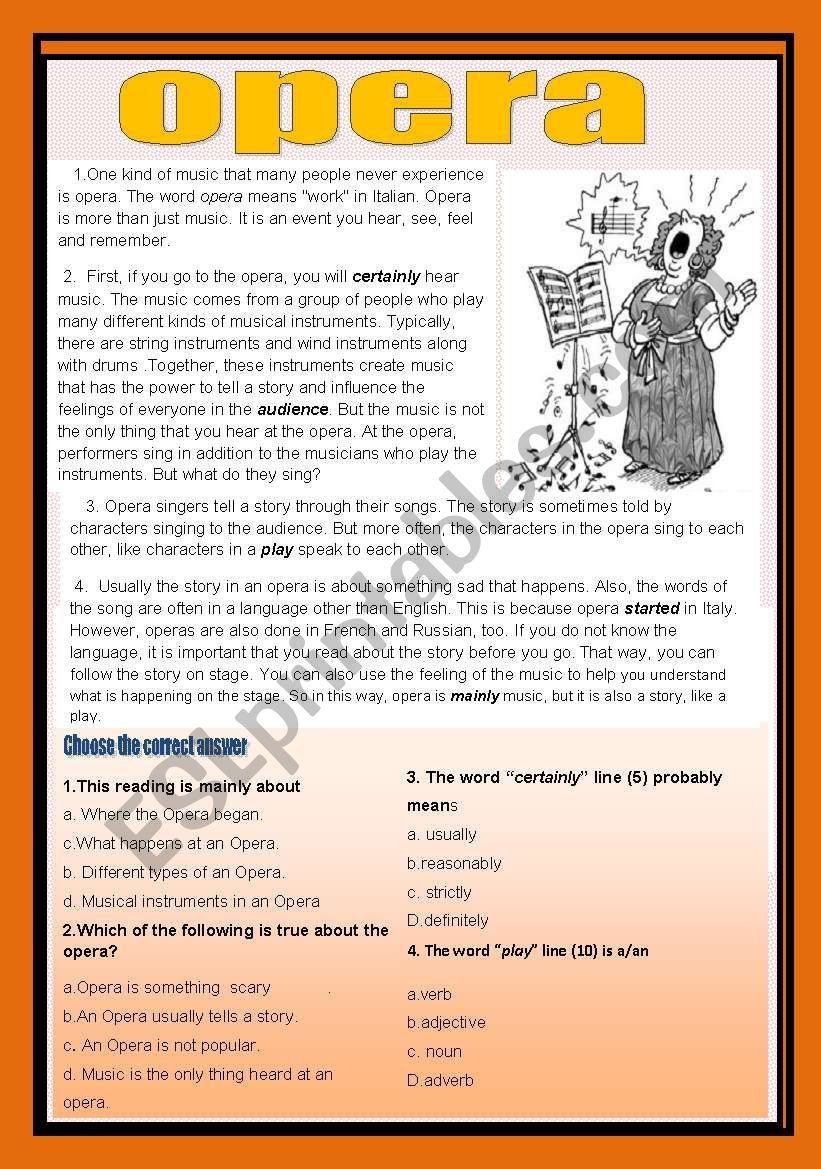 Reading Comprehension Music And Opera ESL Worksheet By Aaisha86