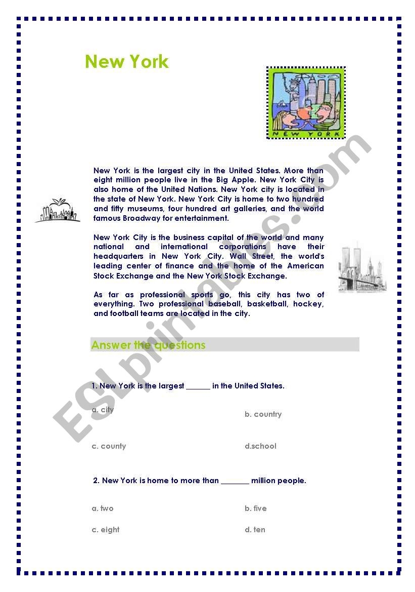 Reading Comprehension NEW YORK ESL Worksheet By SUPERBUBBLE
