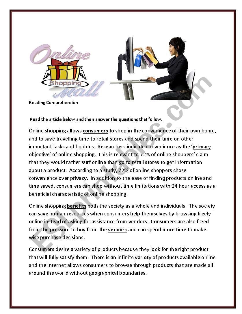 Reading Comprehension On Line Shopping ESL Worksheet By Aaisha86