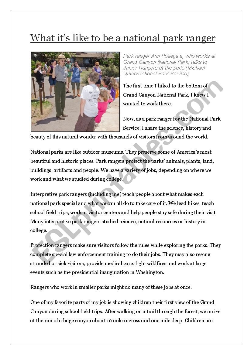Reading Comprehension Park Ranger In The Grand Canyon National Park ESL Worksheet By FrauSue