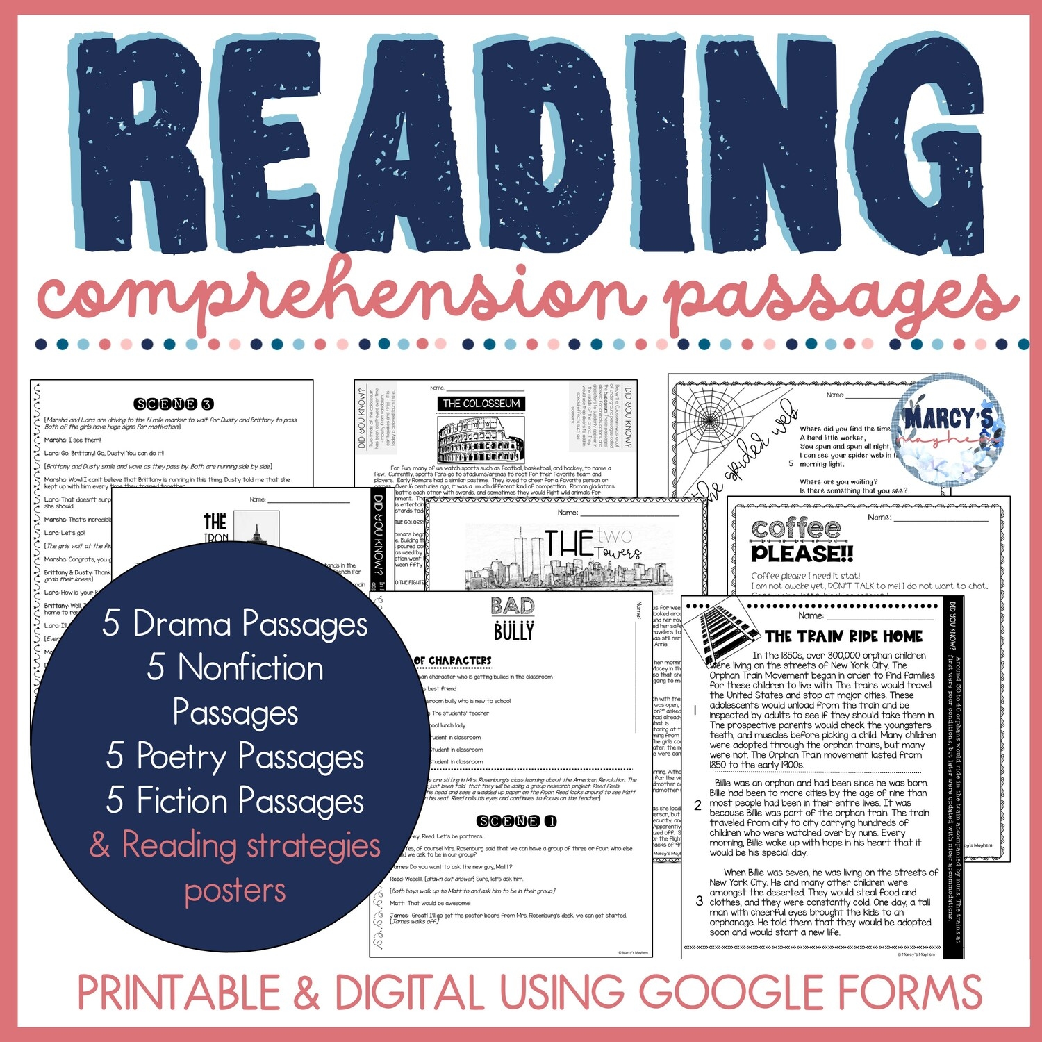Reading Comprehension Passages 4th U0026 5th No Prep Intervention Worksheets Marcys Mayhem