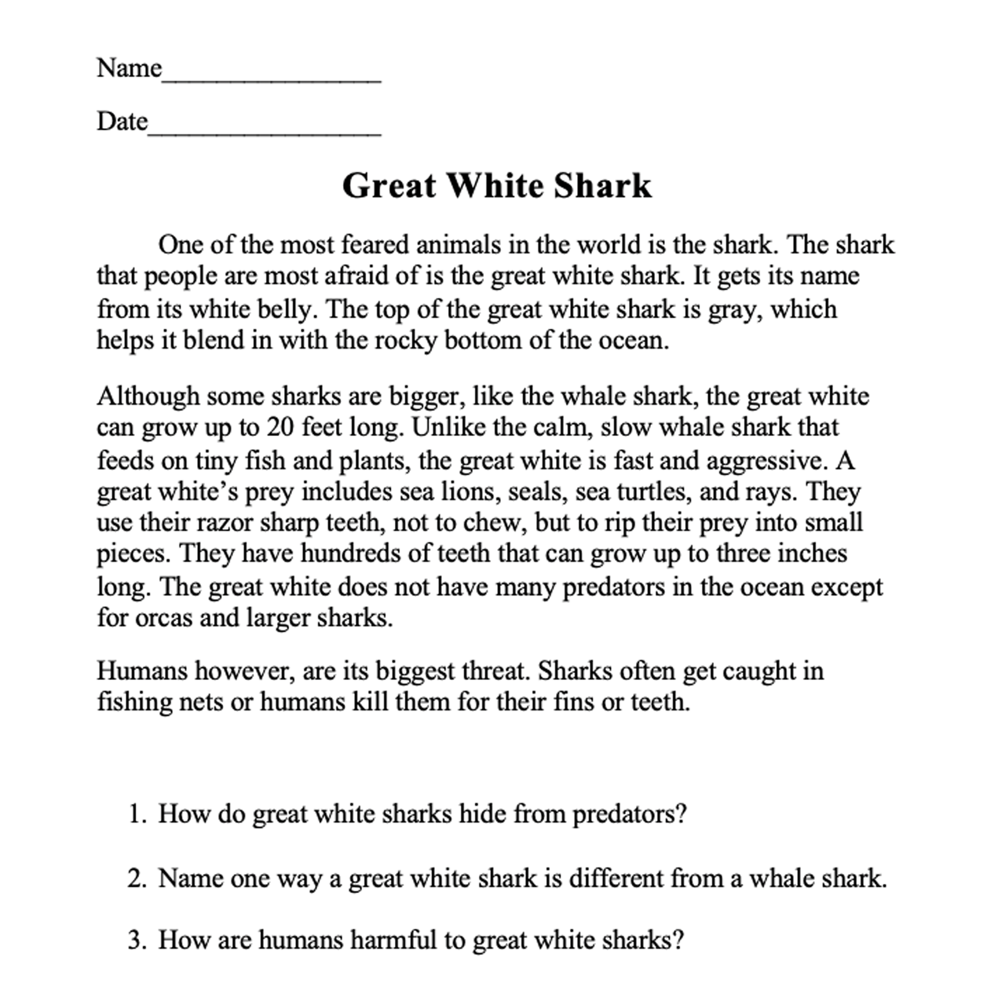 Reading Comprehension Passages Short Stories Paragraphs Question Worksheets