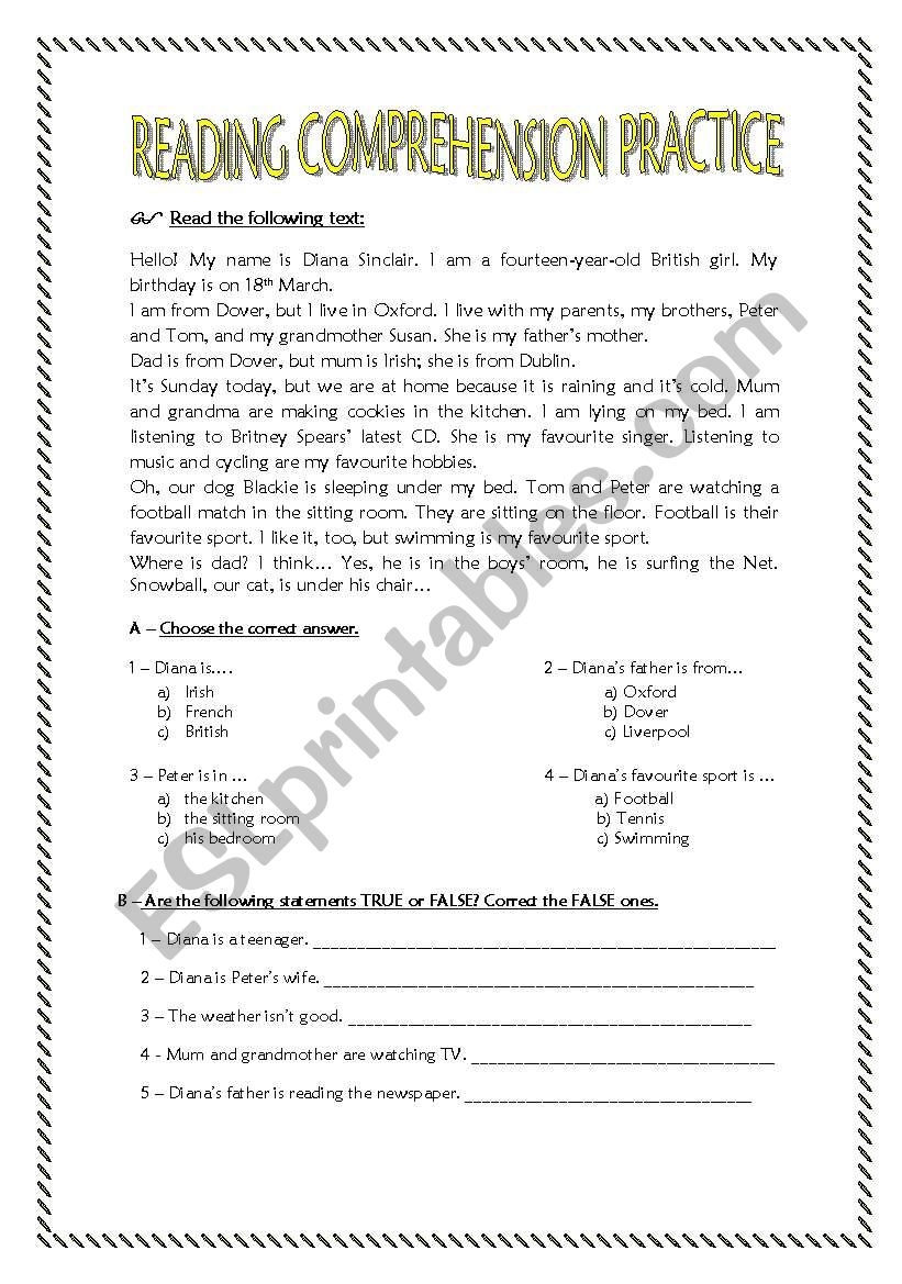 Reading Comprehension Worksheet For Grade 7