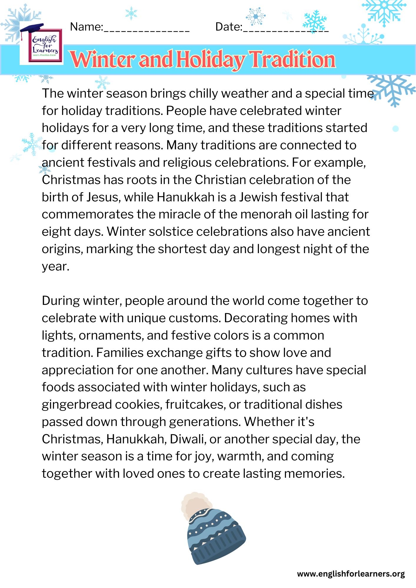 Reading Comprehension Practice Winter And Holiday Tradition 