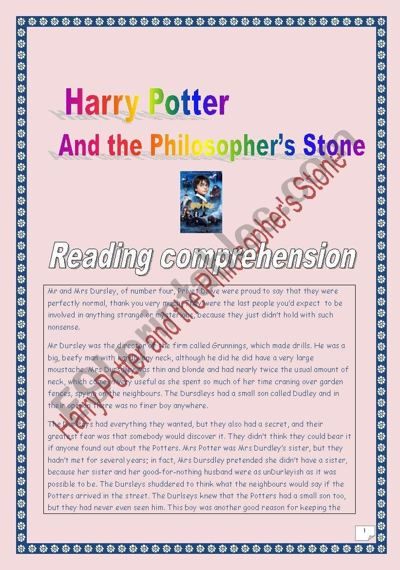 Reading Comprehension Project Harry Potter And The Philosopher s 