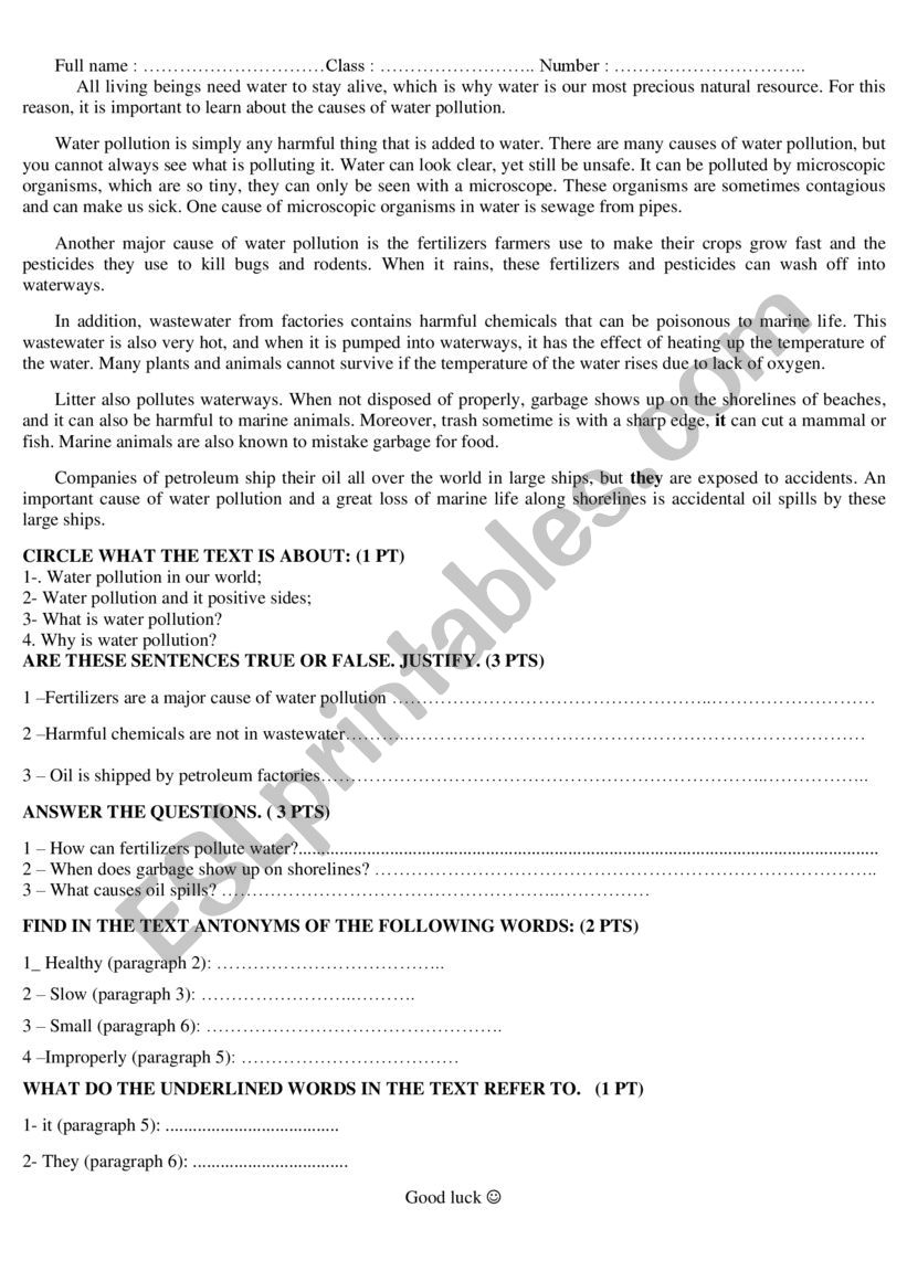 Reading Comprehension Quizz On Water Pollution ESL Worksheet By 
