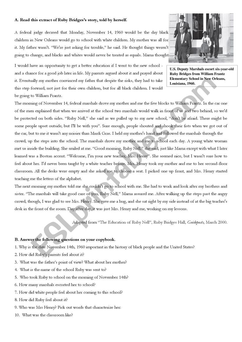 Ruby Bridges Reading Comprehension Worksheet