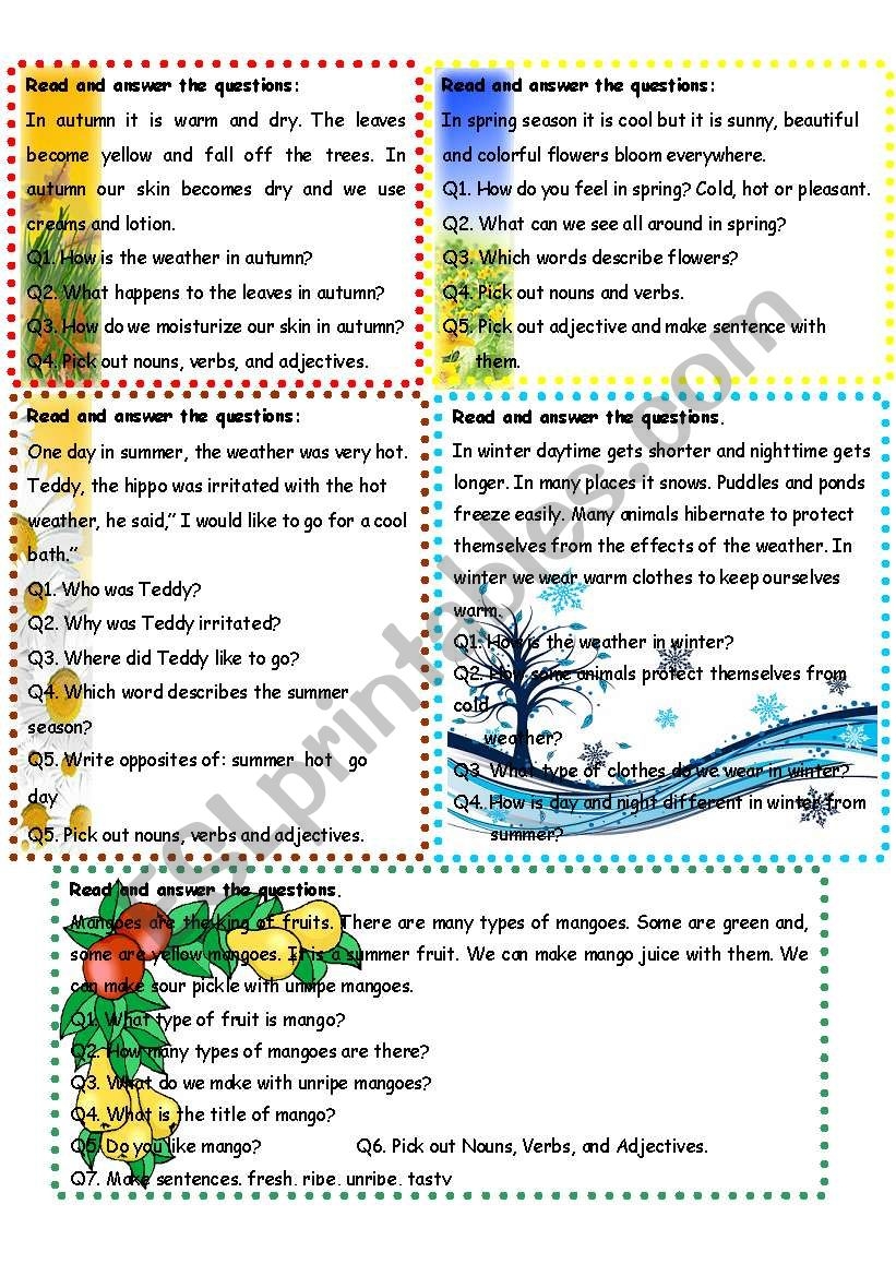 Seasons Reading Comprehension Worksheets