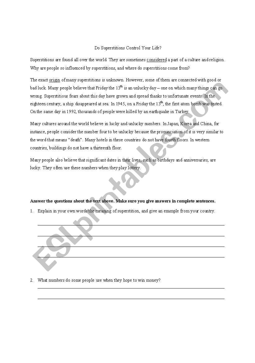 Reading Comprehension Superstitions ESL Worksheet By Sadisa