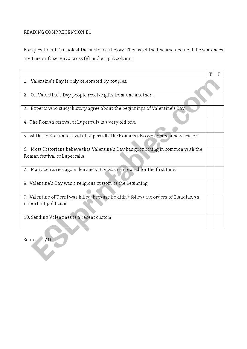 Reading Comprehension B1 Worksheet