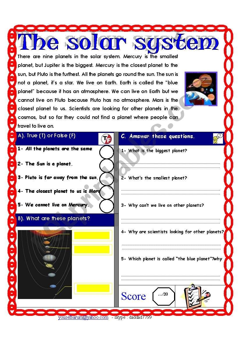 Reading Comprehension Test Theme The Solar System ESL 