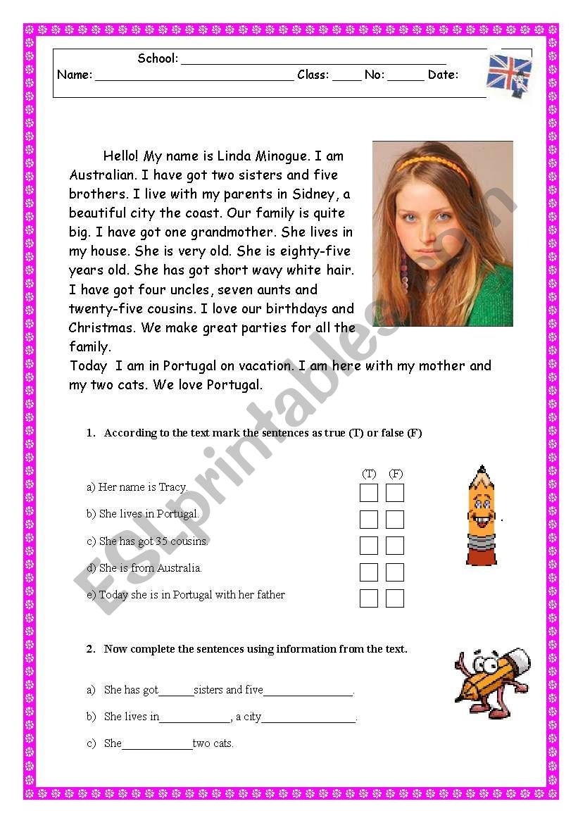 Reading Comprehension Test Worksheet Family Physical Description 