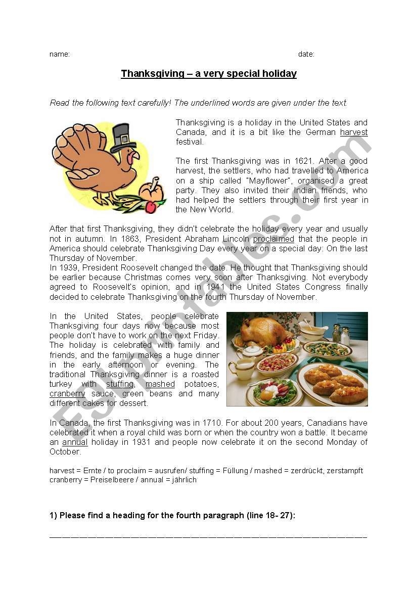 Reading Comprehension Worksheets November